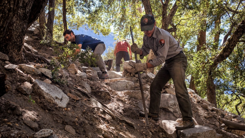 Climbing rangers, Climber Stewards and volunteer groups work together to formalize and improve access trails to popular climbing routes. Photo: NPS/Cameron King