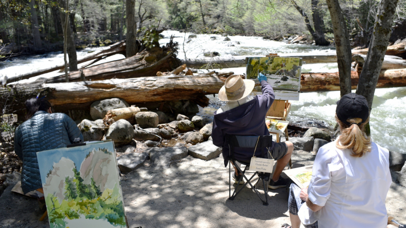 Art students practice watercolor techniques during an outdoor workshop with volunteer instructor Juan Pena. Photo: Yosemite Conservancy/Mark Marschall