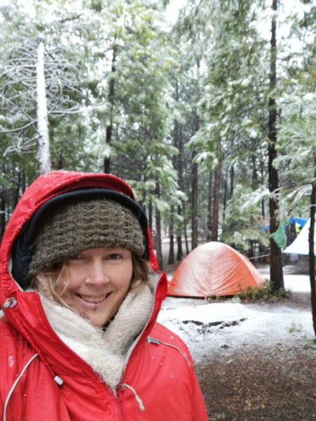 Bird-banding volunteer Chris Singfield at snow-dusted Hodgdon Meadow in May 2019.