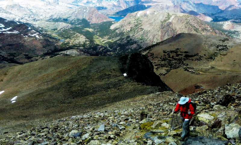 Susan climbing Mount Dana, against a backdrop of seemingly endless peaks.