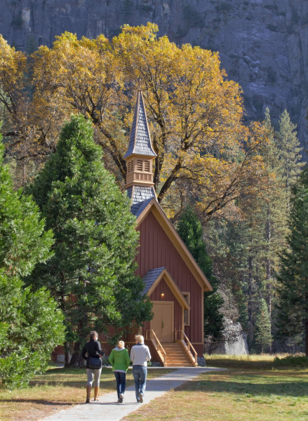 Florence Hutchings' cherished Yosemite Valley Chapel was originally built near the start of the Four Mile Trail, but was relocated about a mile east in 1901. Photo: Yosemite Conservancy/Keith Walklet