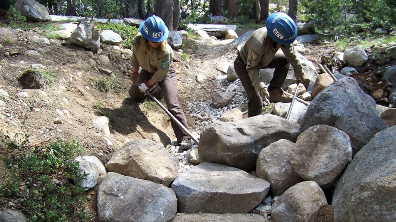 Members of a 2018 California Conservation Corps crew work on a trail in Yosemite's backcountry. Photo: NPS