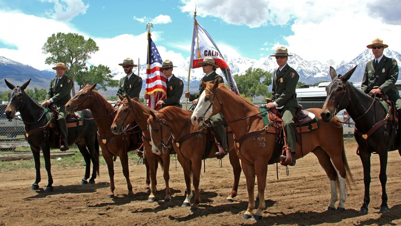 Yosemite Superintendent Michael Reynolds with Chief Ranger Kevin Killian and rangers Clif Ashley, James Cox, Heidi Edgecomb and Justin Fey at the 50th annual Mule Days in Bishop. Photo: NPS.