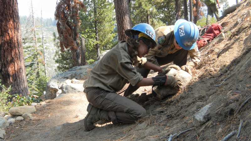 Members of a 2018 California Conservation Corps crew work on a trail near Glacier Point. Photo: NPS
