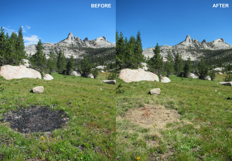 With help from volunteers, including a Yosemite Conservancy Work Week group and a Student Conservation Association crew, park crews surveyed thousands of wilderness acres and removed signs of human impact, including this backcountry campfire ring. Photos: Courtesy of NPS.