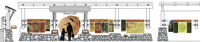 New interpretive elements at the South Entrance will include informative signs and a slice from the trunk of a fallen sequoia. Image: Courtesy of NPS.