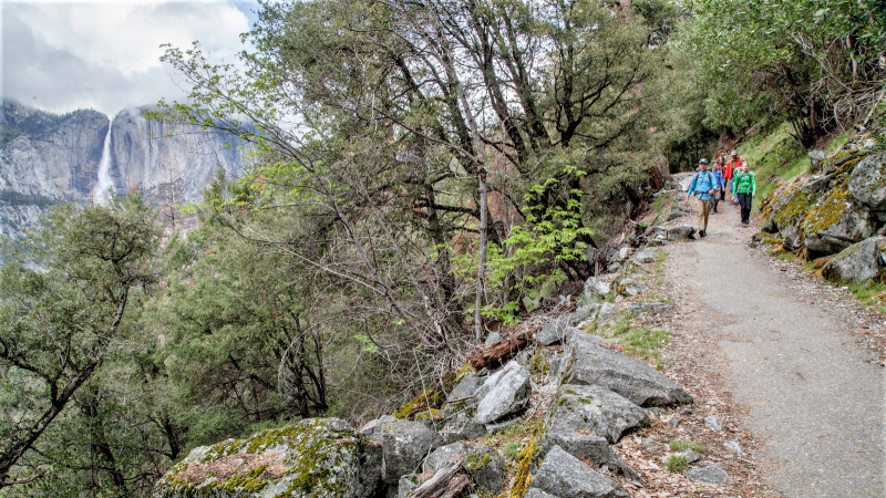 Hikers descend the Four Mile Trail, a nearly 5-mile route that connects Glacier Point and the floor of Yosemite Valley. Photo: Yosemite Conservancy/Keith Walklet.