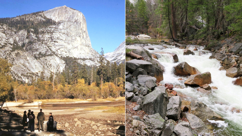 LEFT: A group of hikers take in the view of Mount Watkins in 1942. During warm, dry months, when Tenaya Creek slows, Mirror Lake gives way to sand and grasses. Photo: Yosemite Historic Photo Collection. RIGHT: The Mirror Lake Trail follows Tenaya Creek, which rushes with snowmelt in spring. Stay safe here (and on all Yosemite trails) but staying a safe distance from the water and potentially slippery rocks. Photo: Carolyn Botell.