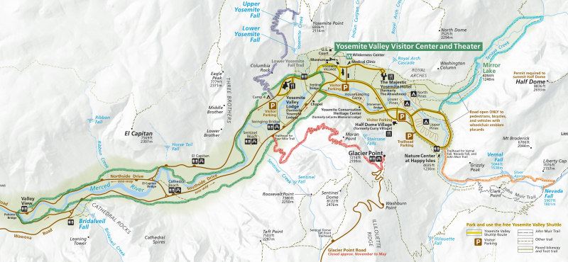 Map of Yosemite Valley, showing the Mirror Lake Loop (blue), Vernal/Nevada Fall trail, via the Mist Trail (orange), Four Mile Trail (red), Yosemite Falls Trail (purple) and Valley Loop Trail (green). Map courtesy of NPS.