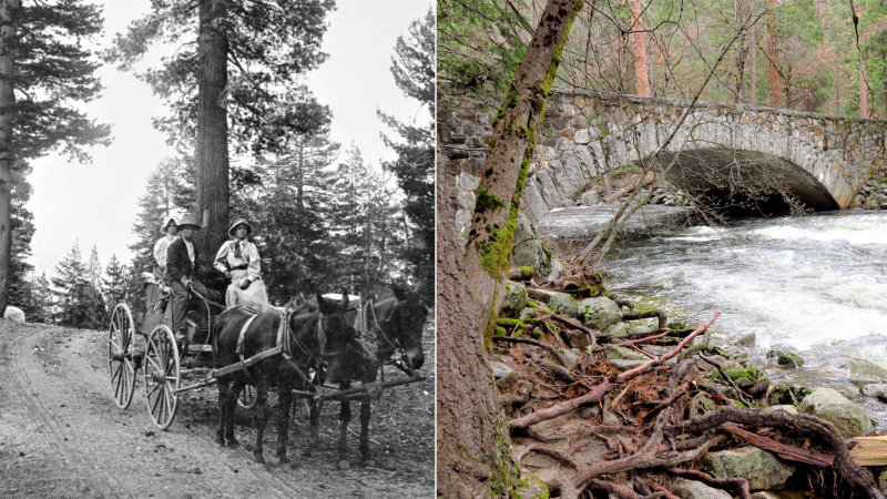LEFT: Early visitors often relied on horses to travel to and around Yosemite. Photo: Eugene Goodrich, 1896 (Yosemite Historic Photo Collection). RIGHT: At the western end of the Loop Trail, hikers cross the Pohono Bridge over the Merced River before turning to head back east along the Valley floor. (For a shorter hike, cut the loop in half by crossing El Capitan Bridge.) Photo: Carolyn Botell.