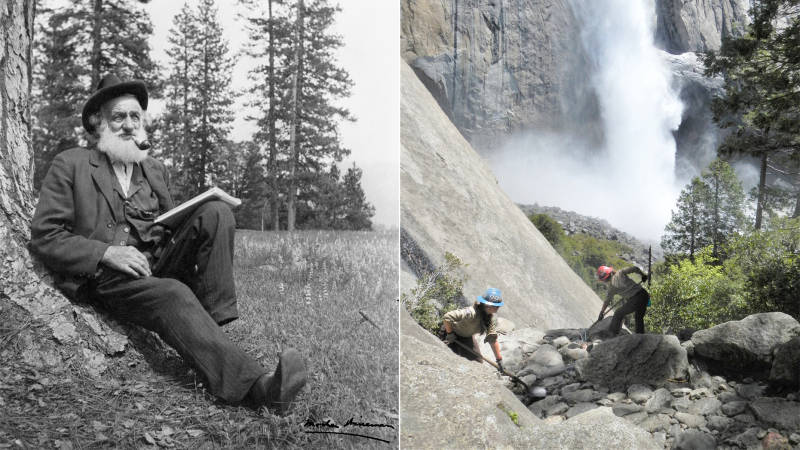 LEFT: In the late 1800s, John Conway built trails in and around the Valley that remain popular today, such as the Yosemite Falls and Four Mile trails. Photo: Mode Wineman (Yosemite Historic Photo Collection). RIGHT: California Conservation Corps members complete repairs on the Yosemite Falls Trail. The long-running CCC program in Yosemite is one of many trail restoration efforts Conservancy donors have supported over the years. Photo: NPS.