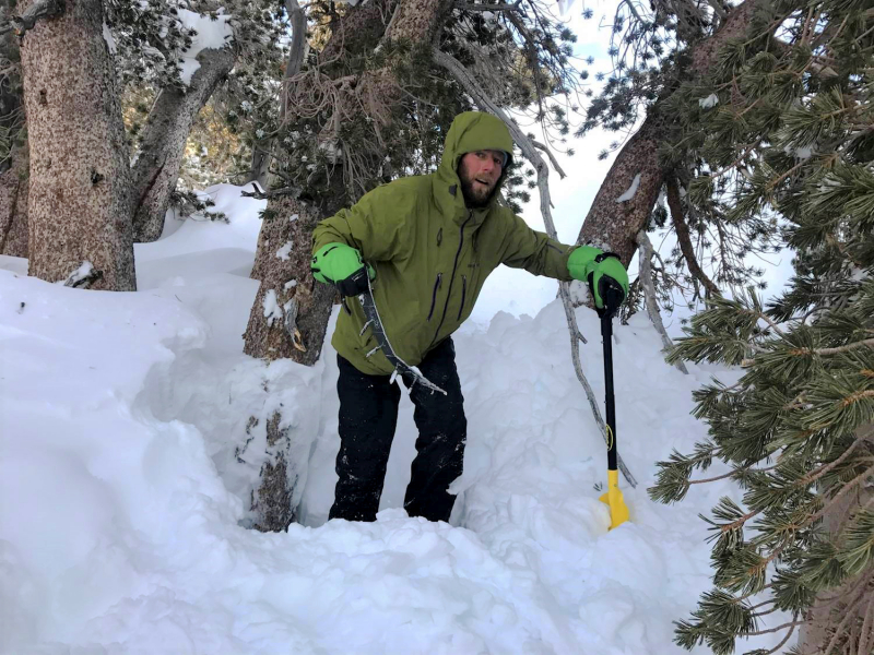 After getting caught in driving wind and snow on their first night, the crew awoke to calmer conditions on <strong>day two</strong>. Refreshed by solid sleep, a good breakfast and plenty of water, they set off to find a camera station they hadn’t been able to locate the evening before. By 8:15 am, they had shoveled out the base of their target tree and unearthed (er, unsnowed) the camera and hair snare. Off to a good start!