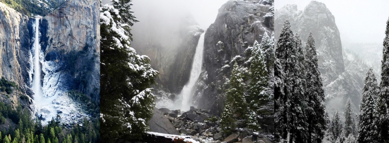 Winter splendor in Yosemite Valley. Photos: Carolyn Botell (far left) and Sara Jones.