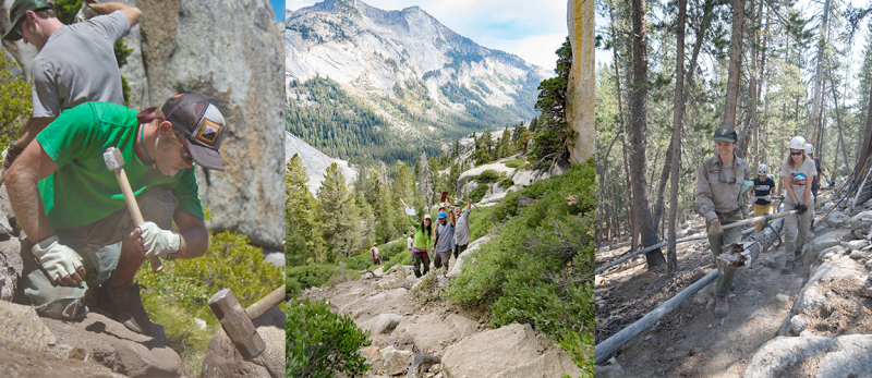 Park crews and volunteers restore climbing-access trails throughout the park. From left: Olmsted Canyon (near Olmsted Point), Phobos/Deimos Cliff (near Tenaya Lake), and Puppy Dome (in Tuolumne Meadows). Photos: NPS