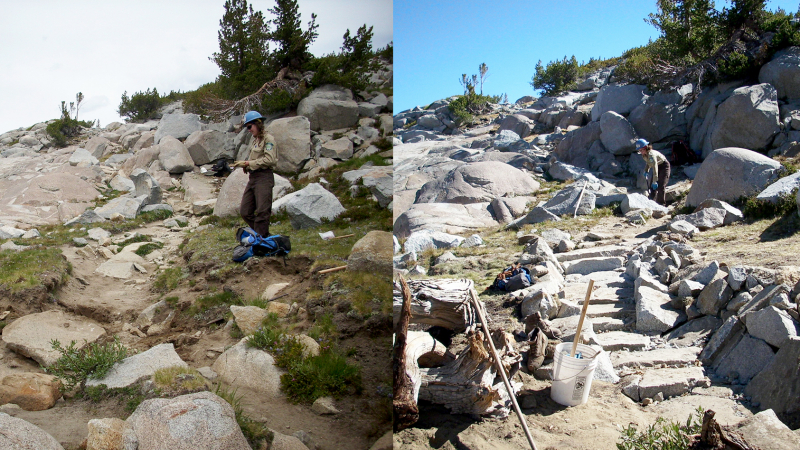 Pacific Crest/John Muir Trail near Donohue Pass, before (left) and after restoration. Photo: NPS, 2012