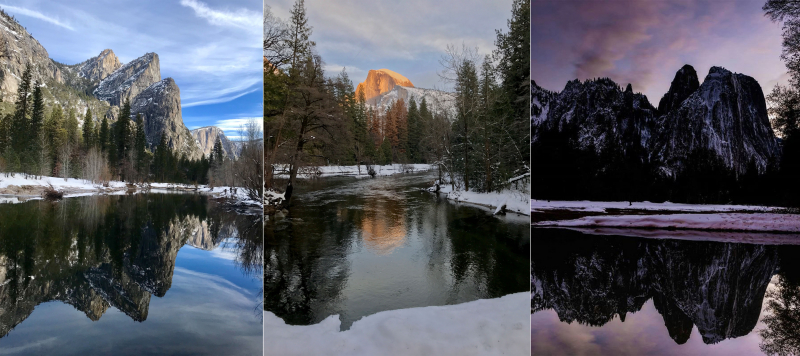 Winter reflections. <br>Left to right: Three Brothers, by Linda Maser; Half Dome, by DH Rasweiler; Cathedral Rocks, by Nishchint Raina.
