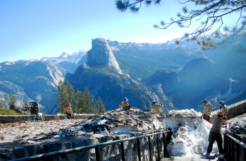 After record snowfall over the winter, the 2017 CCC Merced crew helped clear snow piled on popular trails and overlooks around Yosemite Valley, including at Washburn Point. Photo: Courtesy of NPS