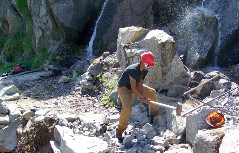 Like all of Yosemite's trail crews, the 2017 CCC participants learned to work with the rocky terrain, practicing dry stone masonry to build walls, steps and other features. Photo: Courtesy of NPS