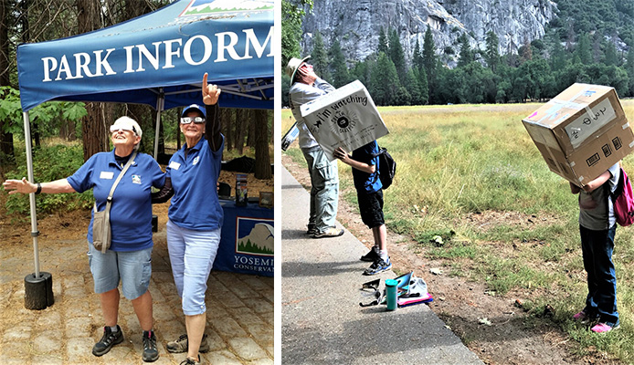 Volunteers and visitors viewing the partial eclipse with special glasses (left) and DIY pinhole viewers from the Yosemite Art Center. Photos: © Kathleen Keller (left), © Yosemite Conservancy/Samantha Welsh (right)