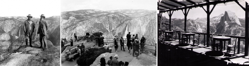 Left: John Muir and Theodore Roosevelt pose at Glacier Point in 1903. Middle: Visitors take in the view of the Valley and high Sierra in 1941. Right: The cafe at the Mountain House, one of two structures at Glacier Point that burned in a fire in 1968. Photos: Courtesy of NPS.