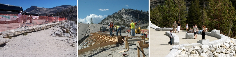 Signs of erosion near the edge of the parking area at Olmsted Point. Middle: A restoration crew transformed the overlook with new granite walls and an expanded viewing terrace. Right: Interpretive exhibits, including a hands-on topographic sculpture, provide rich context for visitors taking in the scenery. Photos: Yosemite Conservancy