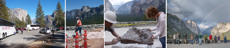 Before the restoration project, Tunnel View had ill-defined parking and driving patterns for cars and buses, and view-seeking visitors were confined to a 5-foot wide sidewalk. Middle: Along with improving traffic flow and restoring habitat, crews created a safer viewing area and installed educational features. Right: Today, visitors enjoy the impressive scenery from a wide pedestrian area. Photos: Yosemite Conservancy (first three), Keith Walklet