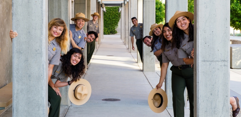 Jess Rivas (front left) and her fellow Wilderness Education Center rangers at UC Merced. Photo: NPS