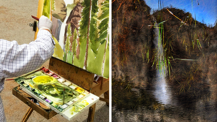 Two artistic takes on Yosemite Falls: Guest art instructor Juan Pena painted the iconic feature in watercolor; photographer and Outdoor Adventure leader Dave Wyman captured the upper fall's reflection in a wet Valley meadow. 